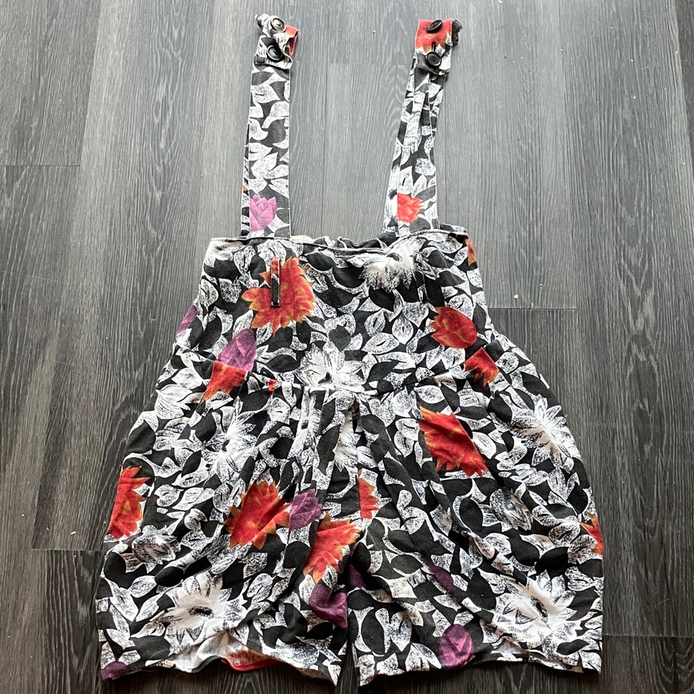 Vintage 80s Dark Tropical Floral High Waisted Suspender Style Romper Shorts